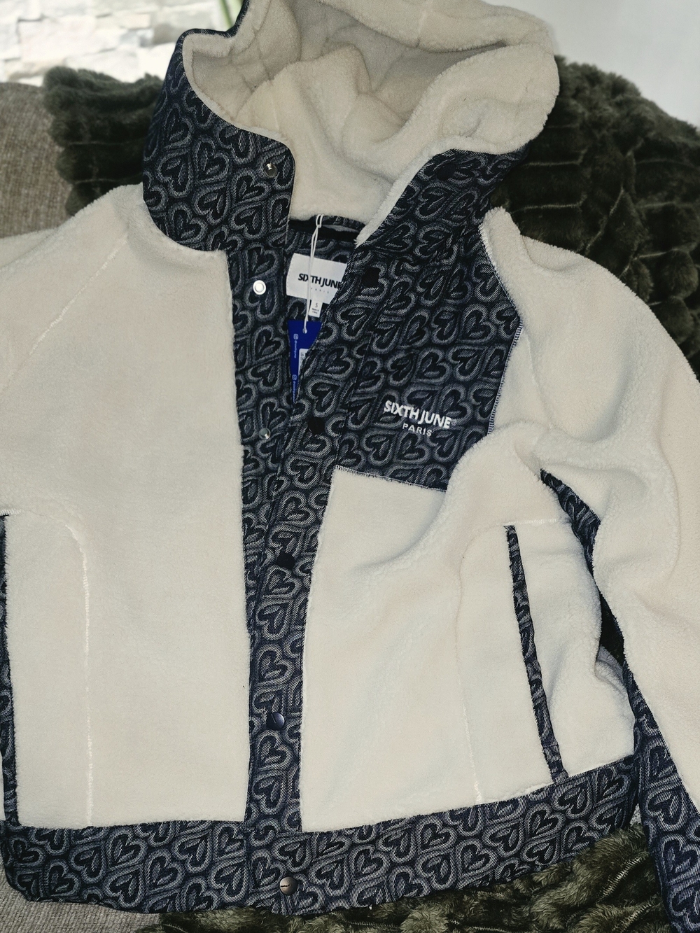 South June Cream Fleece Bomber Jacket with Navy Patterned Trim